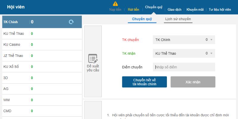 Thực hiện chuyển quỹ để đặt cược